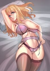 1girls absurdres blonde_hair blue_eyes bra braid breasts female garter_belt girls'_frontline highres large_breasts long_hair lying mosin-nagant_(girls'_frontline) navel nipples off_shoulder on_back one_breast_out open_mouth panties pillow solo task-late thighhighs underwear