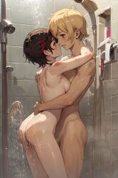 1boy 1girls ai_generated artist_request blonde_hair blue_eyes female human jaune_arc male red_hair ruby_rose rwby showering silver_eyes