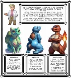 2024 ai_assisted ai_generated body_swap body_switch breasts bulbasaur charmander gender_transformation mind_swap pokemon pokephilia professor_oak squirtle text transformation transviscera