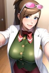 1girls 2024 2d 2d_(artwork) ai_generated big_breasts blue_eyes breasts brown_hair capcom clothed clothed_female clothing coat ema_skye female female female_only glasses gyakuten_saiban human human_female human_only labcoat light-skinned_female light_skin long_hair looking_at_viewer nai_diffusion selfie solo solo_female stable_diffusion standing sunglasses sunglasses_on_head video_game video_game_character