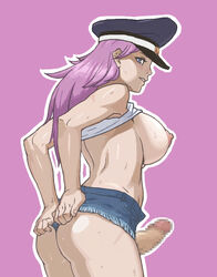 1futa areola ass blue_eyes breasts capcom censored curvy denim denim_shorts erect_nipples erection final_fight futa_only futanari hair hat huge_breasts human intersex large_ass large_penis long_hair mokottsu nipples no_bra peaked_cap penis penis_out pink_hair poison_(final_fight) purple_hair shorts sideboob solo sweat