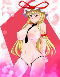 breasts crotchless_panties female large_breasts necktie panties pussy pussy_juice pussy_juice_drip solo sugamo topless touhou uncensored underwear underwear_only yukari_yakumo