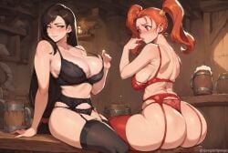 2girls ai_generated ass beer big_ass big_breasts black_lingerie bra_pull brown_hair dark_hair dragon_quest dragon_quest_viii earrings final_fantasy final_fantasy_vii final_fantasy_vii_remake finger_in_mouth garter_belt garter_straps huge_ass huge_breasts jessica_albert large_ass large_breasts light_smile lingerie long_hair looking_at_viewer orange_hair pulling_clothing red_eyes red_lingerie seductive seductive_look seductive_smile sideboob sitting smile spongiersponge sucking_finger tavern thick_thighs thighhighs thighs tifa_lockhart twintails twintails yuri