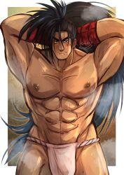 1boy 2022 bara barazoku big_bulge blush bulge fundoshi haohmaru hi_res highres japanese_clothing looking_at_viewer male male_nipples male_only mofnyan muscular_male nipples penis_outline samurai_shodown underwear