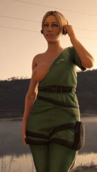 3d blonde_hair blue_eyes breasts_out elite_skin exposed headphones iq_(rainbow_six) lake looking_at_viewer loose_clothes monika_weiss no_bra one_breast_out partially_clothed rainbow_six_siege sequel3d short_hair short_hair_female