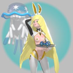 1girls 3d_model blender blender_(software) blonde_hair bow bowtie bunny_ears bunny_tail cuffs_(clothing) green_eyes lusamine_(pokemon) maebari nihilego nipple_pasties pale_skin pasties pokémon_(species) pokeball pokemon pokemon_sm pussy_pasty reverse_bunnysuit small_breasts smile snakegirl69 standing stockings tray