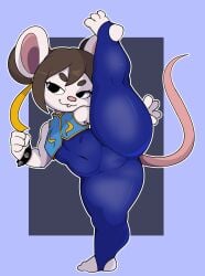 anthro anthro_only barefoot big_ass brown_hair chun-li_(cosplay) circle_eyebrows cosplay cukizilla cukizilla_(pd) cukizilla_(ratona) exposed_shoulders kohiitiimo mouse mouse_girl mouse_tail murid murine perfectos_desconocidos small_breasts spiked_bracelet street_fighter thick_thighs tight_clothing twin_buns youtube youtube_hispanic