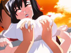 animated black_hair breast_grab breasts closed_eyes glasses lowres mahotama outdoors sakuya_(mahotama)