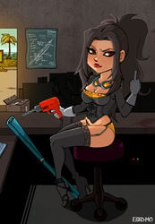 black_hair dr._naomi drill eyewear_removed female glasses gloves long_hair middle_finger no_more_heroes solo sunglasses_removed