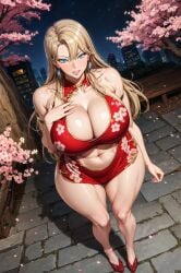 ai_generated bare_legs blonde_hair blue_eyes china_dress chinese_clothes huge_breasts kurashiki_reika light-skinned_female light_skin long_hair massive_breasts mature_female milf saimin_seishidou shiromi_ai thick_thighs thighs voluptuous voluptuous_female