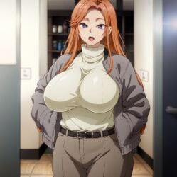 ai_generated big_breasts blue_eyes curvaceous curvy_female dosanko_gal_wa_namara_menkoi huge_breasts j0qly large_breasts long_hair looking_at_viewer mai_fuyuki mature_female milf orange_hair shounen_jump+ voluptuous voluptuous_female