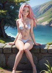 1girls 2d ai_generated athletic athletic_female bare_shoulders belly big_ass bikini bikini_bottom bikini_top boruto:_naruto_next_generations chest curvy curvy_figure cute cute_face detailed eyelashes eyeshadow female female_only fit fit_female focus green_eyes hair_band hair_ornament high_quality legs light-skinned_female light_skin lips lipstick long_hair looking_at_viewer makeup mascara mature medium_breasts midriff naked naruto naruto_(classic) naruto_(series) naruto_shippuden navel nero100 pale-skinned_female pale_skin petite petite_body pink_hair posing sakura_haruno sakura_haruno(genin) seductive seductive_look sling_bikini smile stable_diffusion tagme thighs young younger_female