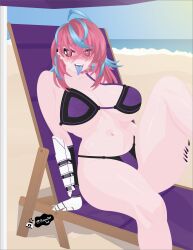 1girls animated1nk beach bikini blush breasts emikukis latam_virtual_youtuber multicolored_hair public robotic_arm short_hair sky_blue_hair tagme text thighs virtual_youtuber vtuber vtuberfanart