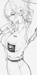 arm_up armpit armpits belt big_breasts black_and_white ear_piercing earrings febri_aryani_(vloodozer) hair_pulled_back large_breasts looking_at_viewer necktie oc original original_character pointy_chin school_uniform schoolgirl schoolgirl_uniform short_hair side_eye sketch sketch_page skirt slim_waist tie vloodozer wide_hips