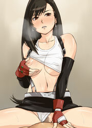 1girls black_hair blush breasts censored closed_eyes cowgirl_position deep_penetration earrings elbow_gloves eye_contact eyelashes female final_fantasy final_fantasy_vii fringe gloves gus_(clarkii) heavy_breathing highres human jewelry light_skin long_hair male nipple nipples pale_skin panties panties_aside pleasure_face pov pubic_hair pussy red_eyes red_lipstick sex shirt_lift skirt_lift slim smooth_skin straight suspenders sweat tank_top tifa_lockhart underwear vaginal_penetration