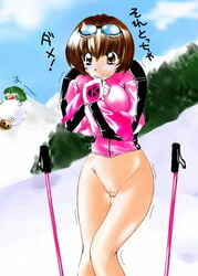 blush bottomless brown_eyes brown_hair clenched_teeth cold female shiver shivering snow translation_request trembling