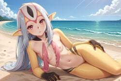 1girls ai_generated aizumiart beach_background blue_submarine_no._6 breast female_only monster_girl mutio navel nipple on_side pointy_ears red_eyes_female solo_female yellow_skinned_female