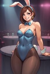 ai_generated bar blue_eyes bowtie brown_hair brunette bunny_ears bunny_girl bunny_tail bunnysuit earring glass grin gyakuten_saiban light-skinned_female navel_visible_through_clothes pantyhose ribbon smile smiling table thick_legs thick_thighs tight_clothing trucy_wright