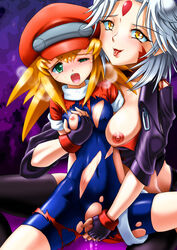 :p artist_request blonde_hair blush breast_grab breasts censored clothing erect_nipples female fingering green_eyes highres large_breasts mega_man mega_man_legends multiple_girls namco_x_capcom navel nipple nipples open_mouth pussy roll_caskett saya_(namco_x_capcom) white_hair wince yellow_eyes yuri