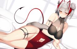 arknights ateoyh bare_shoulders big_breasts blush breasts cleavage cleavage_cutout collarbone dress dutch_angle earrings hand_under_breasts horns legs lips looking_at_viewer lying nail_polish navel navel_cutout no_pussy on_side orange_eyes short_hair smile tail thighs tied_hair w_(arknights) white_hair