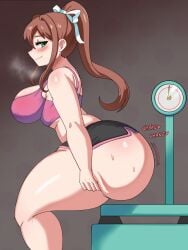 1girls ass booty_shorts breasts dat_ass doki_doki_literature_club female green_eyes huge_ass large_breasts light-skinned_female light_skin long_hair monika_(doki_doki_literature_club) red_hair short_shorts shorts sports_bra sportswear squatting thick_thighs ytrall