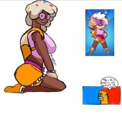 1girls ass brawl_stars cameo dark_skin fully_clothed homer_simpson huge_breasts not_porn rosa_(brawl_stars) sfw side_view sitting speech_bubble sugarplum_rosa_(brawl_stars)