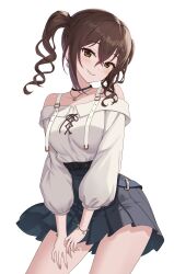 bare_shoulders blush breasts brown_eyes brown_hair choker collarbone commentary_request earrings female grey_skirt hair_between_eyes hamahama highres idolmaster idolmaster_cinderella_girls jewelry long_hair looking_at_viewer medium_breasts mole mole_under_eye necklace sharp_teeth shirt skirt smile solo sunazuka_akira teeth thighs twintails white_shirt