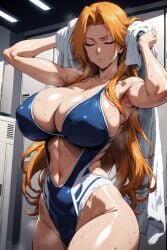 1girls ai_generated alchy arms_behind_head big_breasts bleach breasts closed_eyes curvaceous curvy curvy_body curvy_female curvy_figure drying drying_hair female female_only holding_object hourglass_figure huge_breasts large_breasts light-skinned_female light_skin locker locker_room long_hair matsumoto_rangiku mole mole_under_mouth mommy nai_diffusion one-piece_swimsuit oppai orange_hair sagging_breasts slim_waist solo solo_focus stable_diffusion swimsuit towel very_long_hair voluptuous voluptuous_female wavy_hair wet wet_body wet_hair wet_skin wide_hips