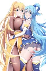 2girls absurdres aqua_(konosuba) aqua_eyes ass black_bodysuit blonde_hair blue_eyes blue_footwear blue_hair blue_shirt blue_skirt blush bodysuit boots breast_press breasts clenched_teeth darkness_(konosuba) detached_sleeves female female_only hair_censor hair_ornament high_ponytail highres hug huge_breasts kono_subarashii_sekai_ni_shukufuku_wo! long_hair looking_at_viewer microskirt multiple_girls no_panties pantyhose pleated_skirt shirt simple_background single_hair_ring skirt sleeveless sleeveless_shirt smile standing stockings symmetrical_docking teeth thigh_boots thighs txbbxb very_long_hair white_background white_sleeves x_hair_ornament yuri