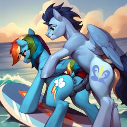 ai_generated anus balls cloud doggy_style equine horsecock my_little_pony ocean pony rainbow_dash_(mlp) sky soarin_(mlp) spread_wings surfboard surfing vagina vaginal_penetration