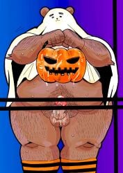 2024 anthro balls bear belly big_belly censored clothing costume devour1129 erection genitals ghost_costume halloween halloween_costume hi_res holidays kemono male mammal overweight overweight_male penis simple_background solo