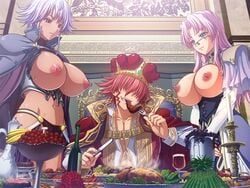 1boy 2girls armor breasts crown dark_skin eating emeraria food gladys_(kyonyuu_fantasy) gladys_von_walkenheim glasses king kyonyuu_fantasy large_breasts multiple_girls navel nipples pink_hair purple_hair red_hair sweat waffle