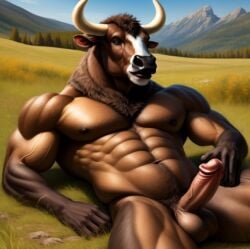 ai_generated american_bison anthro balls bison bovid bovine fur furry horns lying male mammal mountain muscular muscular_male outdoors penis