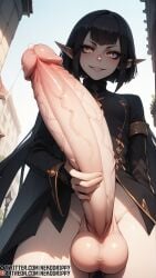 2024 ai_generated big_penis black_hair elf_ears fate/apocrypha fate/stay_night fate_(series) futa_only futanari futanari gigantic_penis high_resolution highres holding_penis huge_cock long_hair monster_cock nekodrippy oc semiramis_(fate) showing_off stable_diffusion thick_penis veiny_penis yellow_eyes