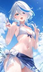 1girls ai ai_generated belly_button bikini blue_hair blue_nails blush clouds day female female_focus female_only front_view furina_(genshin_impact) genshin_impact heterochromia hoyoverse light-skinned_female light_skin looking_at_viewer poyon_na short_hair sky small_breasts smiling smiling_at_viewer solo solo_female standing summer swimsuit thong thong_bikini two_tone_hair victory_sign water white_bikini white_hair