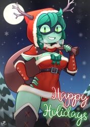 adventure_time fully_clothed fully_clothed_female green_skin green_skinned_female huntress_wizard leaf_hair lezaki-thefatlizard plant_girl red_panties sack santa_costume tagme