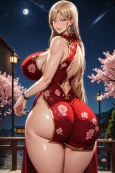 ai_generated back_view bare_legs blonde_hair blue_eyes china_dress chinese_clothes gigantic_ass huge_breasts kurashiki_reika light-skinned_female light_skin long_hair massive_breasts mature_female milf saimin_seishidou shiromi_ai voluptuous voluptuous_female