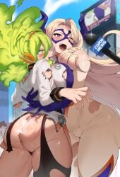 2girls absurdres ass ass_ripple ass_smack blonde_hair blush bodysuit boku_no_hero_academia breast_press breasts burnin_(boku_no_hero_academia) domino_mask eye_mask fiery_hair green_hair highres horns ko_koyap large_breasts long_hair looking_at_viewer mask mount_lady multiple_girls my_hero_academia smile spanked spanking thighhighs thong torn_clothes