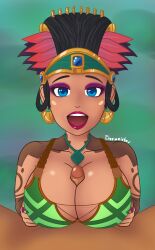 1boy 1girls awilix_(smite) big_breasts black_hair dark-skinned_male dark_skin deity goddess interracial mayan_mythology mesoamerican_mythology mythology paizuri pov public_domain smite tan-skinned_female tan_skin treemeister