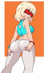 blonde_hair blue_bracelet crop_top evie_(fortnite) fortnite kohiitiimo pants red-tinted_eyewear red_bracelet red_goggles short_hair spread_ass spread_legs spreading summitseeker_evie_(fortnite) tight_clothing tight_pants tinted_eyewear white_pants