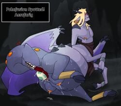 1boy aerodactyl anthro blonde_hair blush bodily_fluids breasts brown_clothing cave_background cel_shading chains clothing covered_eyes crotchboob cuff_(restraint) cuntboy cuntboy_sans_balls drooling ear_piercing ear_ring egg egg_laying exposed_teeth fossil_pokemon fusion genital_fluids girafarig hands_behind_back head_on_tail heart_symbol herm hermaphrodite hooves horn hybrid intersex leaking_milk lying male male_with_breasts maleherm membrane_(anatomy) membranous_wings multi_eye multi_genitalia nintendo on_side penis piercing pokémon_(species) pokefusion pokefusion_(puppetmaster13uwu) pokemon pokemon_(species) pokemon_egg pokemon_fusion pregnant pregnant_cuntboy pregnant_hermaphrodite pregnant_male pregnant_maleherm puppetmaster13uwu purple_body pussy restraints ring_piercing saliva shaded solo spikes sweat taur text_box tongue tongue_in_pussy unusual_tail wings