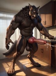 ai_generated canine cum cumming cumshot digitigrade feral jerk_off kitchen knot large_male male masturbation muscular_male realistic solo werewolf wolf