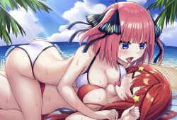 ai_generated beach bikini blue_eyes blush breast_press closed_eyes go-toubun_no_hanayome large_breasts nakano_itsuki nakano_nino open_mouth outdoors red_hair sisters tongue yuri