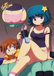 1boy 1girls ass back_view bare_shoulders bed black_eyes blue_hair blush brown_hair crossed_arms crossed_legs drink drooling euf-dreamer female hair_ornament heart holding_object male mug panties partially_clothed pink_panties ramona_flowers scott_pilgrim scott_w_pilgrim shoes short_hair socks star strap_slip tank_top underwear