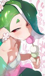 1girls :>= breasts eating female green_hair hair_over_one_eye hizake kashu_(hizake) light-skinned_female light_skin medium_breasts nintendo octoling red_eyes shiver_(splatoon) shiver_(springfest) splatoon splatoon_(series) splatoon_3 springfest_outfit suggestive_eating tentacle_hair