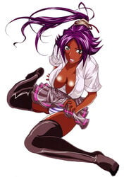 1girls bleach breasts dark-skinned_female dark_skin erect_nipples female female_only highres kairanban large_breasts nipples panties shihouin_yoruichi simple_background sitting skirt skirt_lift solo striped striped_panties thighhighs underwear