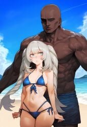 ai_generated beach bikini dark-skinned_male dark_skin fate_(series) interracial kaikoi marie_antoinette_(fate) size_difference twin_drills