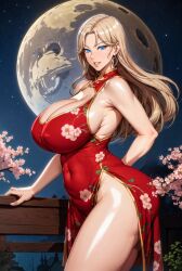 ai_generated bare_legs big_butt blonde_hair blue_eyes china_dress chinese_clothes huge_breasts kurashiki_reika light-skinned_female light_skin long_hair looking_at_viewer massive_ass mature_female milf saimin_seishidou shiromi_ai thick_thighs thighs voluptuous voluptuous_female