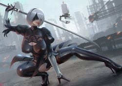 android black_dress blindfold boots breasts chinese_commentary cleavage_cutout clothing_cutout commentary_request dress female high_heel_boots high_heels holding holding_sword holding_weapon impossible_clothes juliet_sleeves large_breasts latex latex_boots latex_dress latex_legwear long_sleeves mixed-language_commentary nier:_automata nier_(series) parted_lips pod_(nier) puffy_sleeves sade_abyss shiny_clothes signature skin_tight superhero_landing sword thigh_boots thighhighs thighhighs_under_boots two-sided_dress two-sided_fabric variant_set weapon white_hair yorha_2b