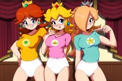 3girls blonde_hair blue_eyes blue_shirt blush confident confident_smile crown euf-dreamer female female_only granny_panties hanes happy high_waisted_panties looking_at_viewer mario_(series) multiple_girls nintendo orange_shirt pale_skin panties pink_shirt princess princess_daisy princess_peach princess_rosalina red_hair shirt_tucked_in shy standing trio underwear